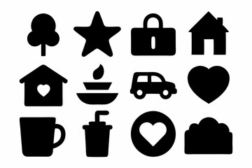 set of house icons, Christmas tree icons, white profile tree icons,  cup icon, car icon , coffee icon, cupe icon, vector silhouette illustration 