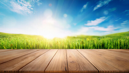 timber table pinnacle product display with a clean sunny easter history of blue sky and heat bokeh with green grass meadow foreground
