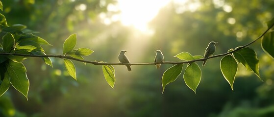 Obraz premium Three birds on branch, sunrise, forest. Nature peace