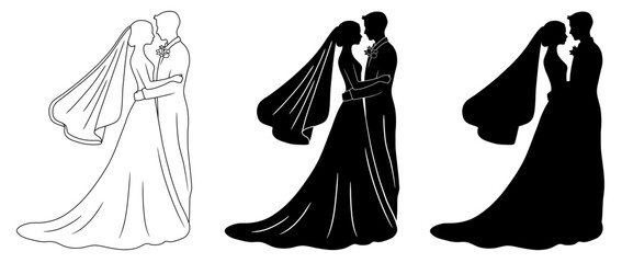 Silhouette Design of a Bride and Groom on their Wedding Day, Isolated on a Transparent Background - Outline and Silhouette