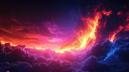 Naklejka premium Vibrant Sunset Over Fiery Clouds in Cosmic Landscape Scene