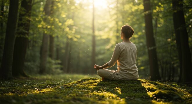 Serene Forest Meditation: A person meditates in a sun-dappled forest glade, surrounded by lush trees, embodies tranquility and inner peace