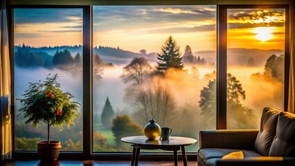 Serene Dawn through Foggy Window