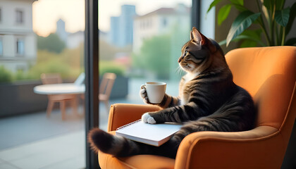 Cat eating coffee and pizza seating on side of window hd background