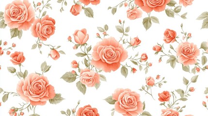 A delicate pattern of tiny pink roses adorns a cream background, showcasing a small floral design in a vintage shabby chic style wallpaper. This floral line art encompasses a variety of floral