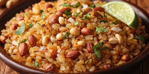 A close-up of glowing poha garnished with roasted peanuts, curry leaves, and grated coconut, served with a wedge of lime on a rustic wooden plate. The bright yellow color adds freshness and 