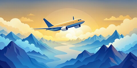 Serene Flight: Geometric Airplane Soaring over Clouds and Mountains