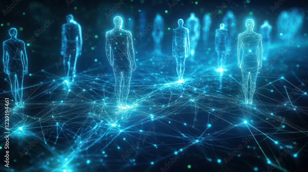 Poster futuristic digital network visualization connecting people over a world map