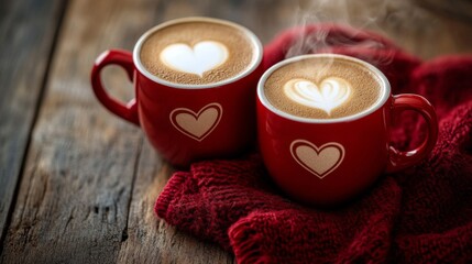 Two Red Mugs of Steaming Cappuccino with Heart Latte Art on Wooden Table