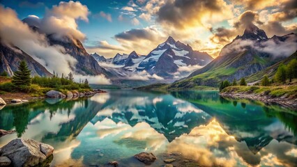 Serene Glacial Lake: Double Exposure of Mountain Reflections and Water