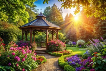 Serene Gazebo Garden: Peaceful Retreat with Copy Space for Text