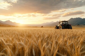 Naklejka premium Tractor in golden wheat field at sunset, mountains background. Agriculture image