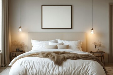 Fototapeta premium Minimalist Modern Bedroom with Plush White Bed and Ambient Light