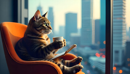 Cat eating coffee and pizza seating on side of window hd background