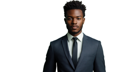 Confident businessman posing in formal suit on transparent background