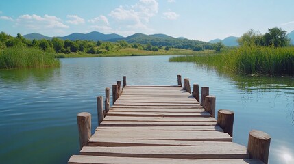 Tranquil lake pier, mountains, summer.  Peaceful nature scene, ideal for travel brochures