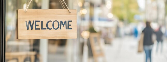 Rustic wooden welcome sign hanging at shop entrance with soft focus background