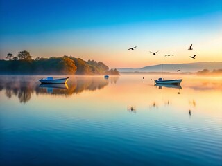 Serene Misty Lake: Minimalist Dawn Landscape with Boats and Birds