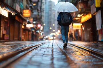 Fototapeta premium Traveler walking rainy city street, Asia