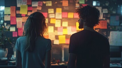 Business professionals collaborating and brainstorming ideas in a modern office with sticky notes on the wall