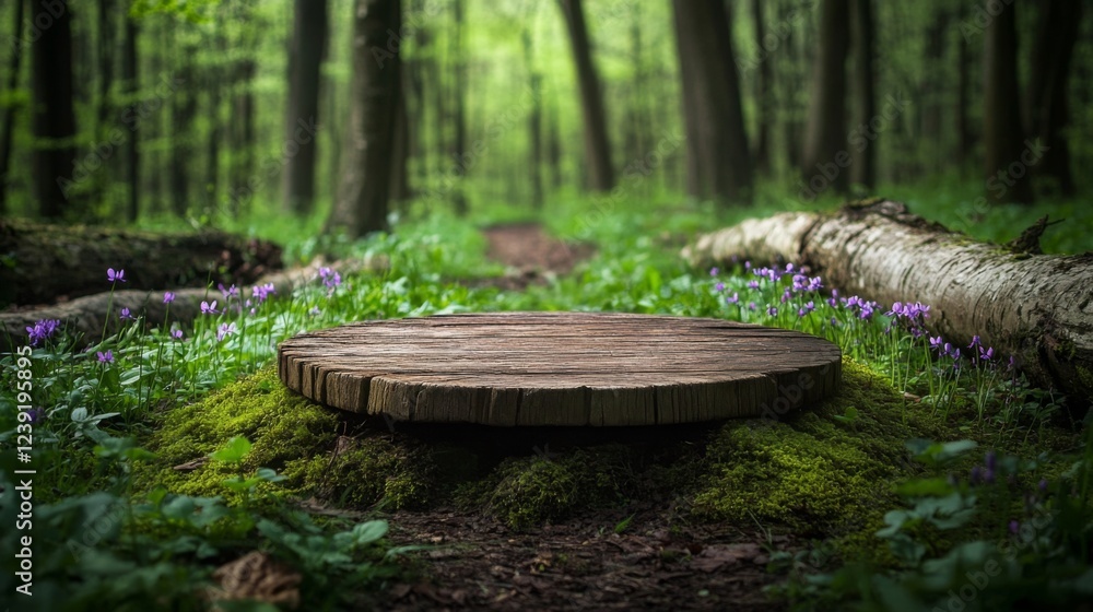 Poster a wooden podium sits on a mossy platform amidst a tranquil forest in spring. colorful wildflowers bl