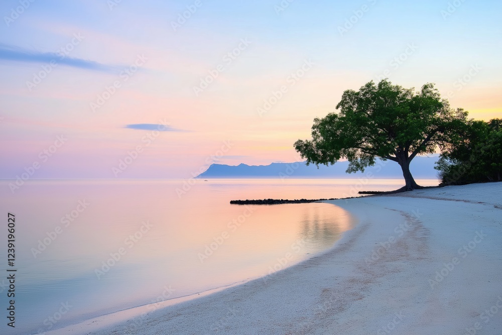 Poster a beautiful beach scene with a tree in the foreground and a calm ocean in the background. the sky is