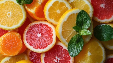 Fresh citrus mix with mint leaves: sliced lemons, oranges, and grapefruit