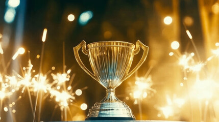 Golden Champion Cup Shines Brightly Amidst Fireworks and Sparklers on a Celebratory Night