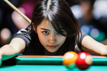 Focused player lining up a shot in a billiards game at a lively pool hall during an evening match