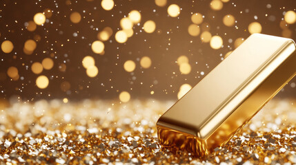 Shiny Gold Bar Amidst Sparkling Fireworks and Golden Confetti in a Night Celebration