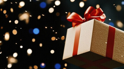 Golden Gift Box With Festive Bow Surrounded by Sparklers and Confetti in a Night Sky Celebration