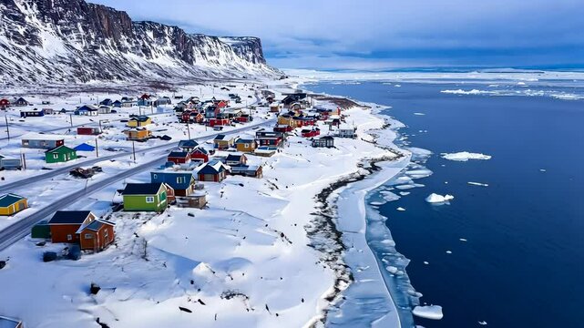 Aerial view of a North Island coastline featuring colorful inuit houses, icebergs, mountains, and blue sea under clear sky video 4k