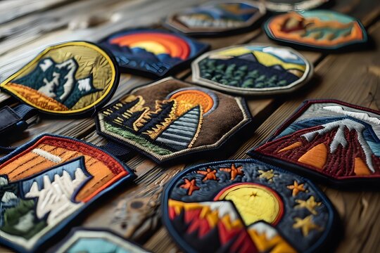 vintage handcrafted hiking patches celebrating outdoor adventure spirit. generative ai