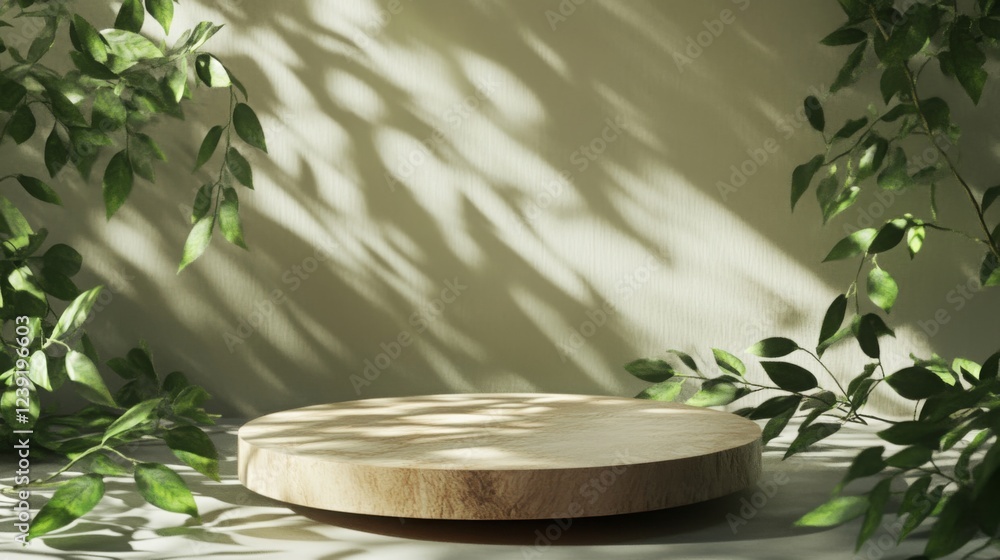 Aufkleber a round wooden podium is set against a softly lit wall, adorned with vibrant green foliage that enha