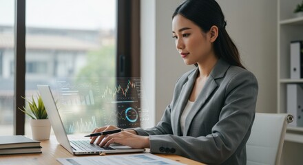 Modern Business Woman at Desk: An Asian businesswoman intently focused on her laptop, working diligently at her desk. Light streams through the window, illuminating her professional attire.