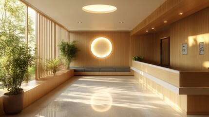 Modern wooden lobby with natural lighting and minimalist design