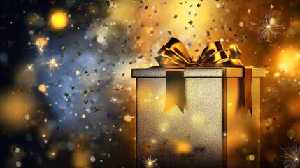 Golden Gift Box With Festive Bow Amid Sparklers and Fireworks in a Celebratory Night Sky