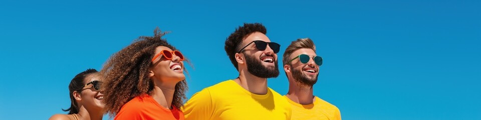 A group of people are smiling and wearing sunglasses, with one of them wearing a yellow shirt....