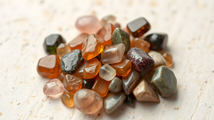Obraz premium tumbled gemstone mix. macro detail texture background. close-up polished semi-precious gemstone. Generative AI