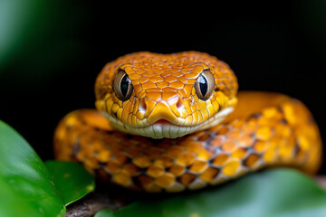 Fototapeta premium Closeup of an Orange Snake with Dark Eyes on Green Leaves