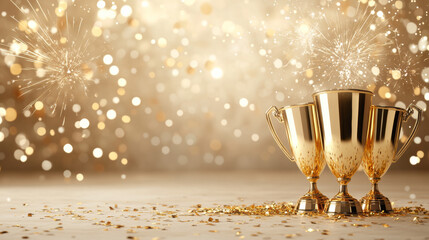 Fototapeta premium Celebrate Achievements With Golden Champion Cups and a Vibrant Fireworks Display!