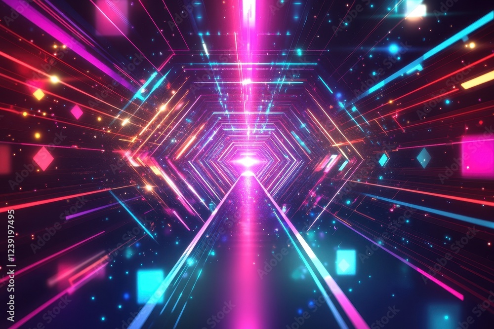 Poster neon lines converge in a futuristic hexagonal tunnel