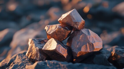 Pile of raw copper ore rocks on rocky ground at sunset illuminated with warm sunlight