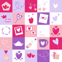 Vector quilt Valentines day background, love season pastel seamless patchwork pattern with heart shape elements
