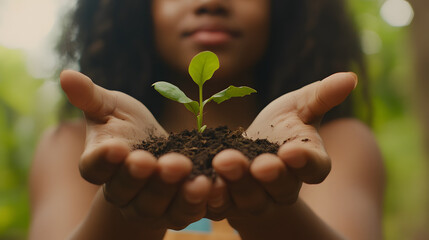 A young woman of African American descent spreads her hands holding fresh soil with a small green plant