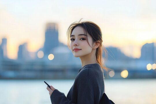 Smartphone Businesswoman at Waterfront with Cityscape during Sunset