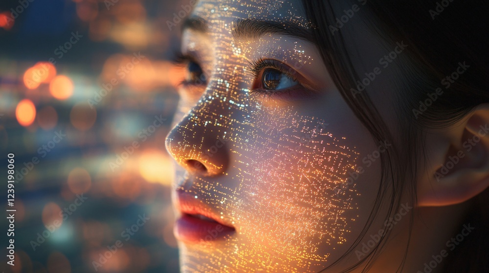 Aufkleber a close-up of a person with illuminated patterns on their face, reflecting a blend of technology and