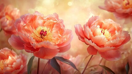 Peach Coral Peonies Soft Focus Garden Bloom