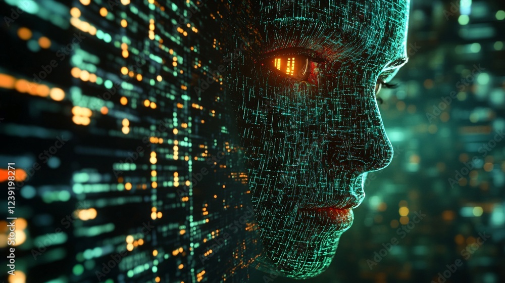 Aufkleber a futuristic depiction of a digital humanoid face, illuminated by glowing data streams, representing