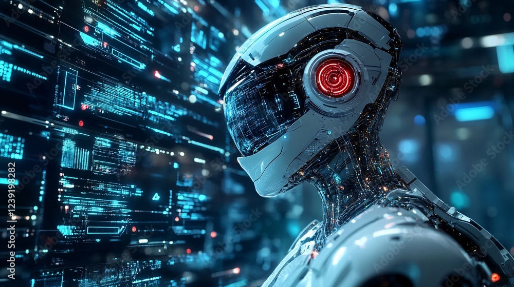 Aufkleber a futuristic robot with a sleek design and glowing features stands in front of a digital backdrop, e